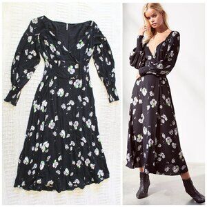 Free People So Sweetly Black Floral Midi Dress Size M Long Sleeve V neck beachy